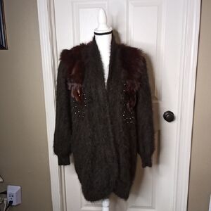 Vintage Angora & Fox Collar 80s Long Sweater Jacket Sz. Large by "Cinderella"